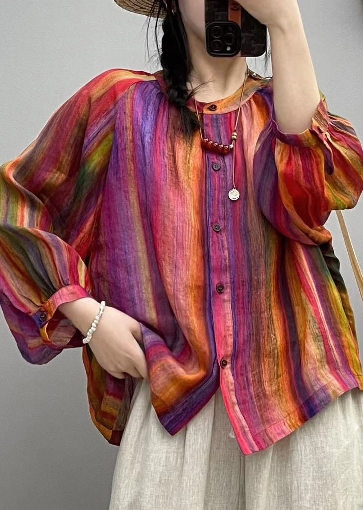 Rainbow Button Patchwork Linen Blouses O Neck Spring