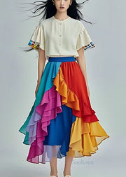 Rainbow Patchwork Chiffon Beach Skirts Ruffles Summer