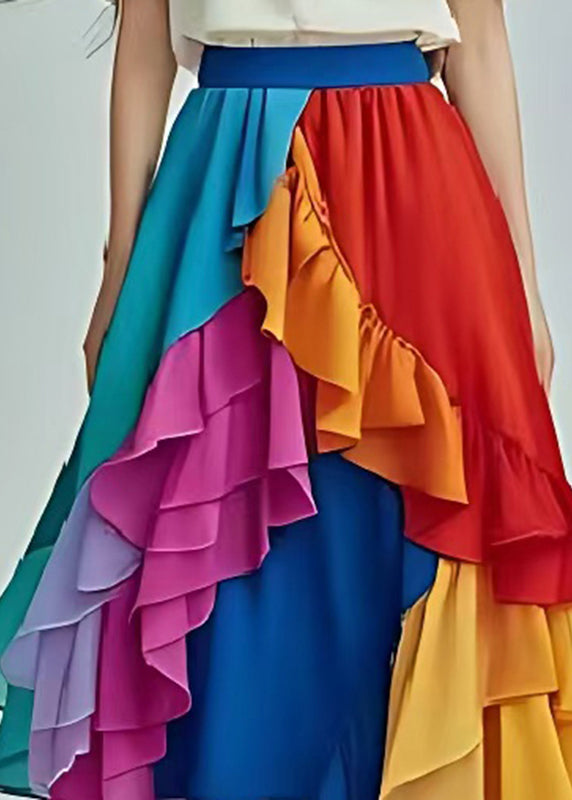 Rainbow Patchwork Chiffon Beach Skirts Ruffles Summer