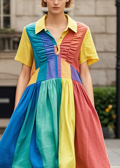 Rainbow Patchwork Cotton Dresses Wrinkled Summer