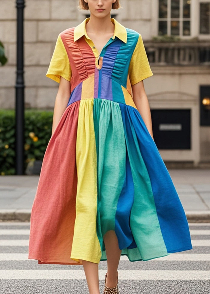 Rainbow Patchwork Cotton Dresses Wrinkled Summer