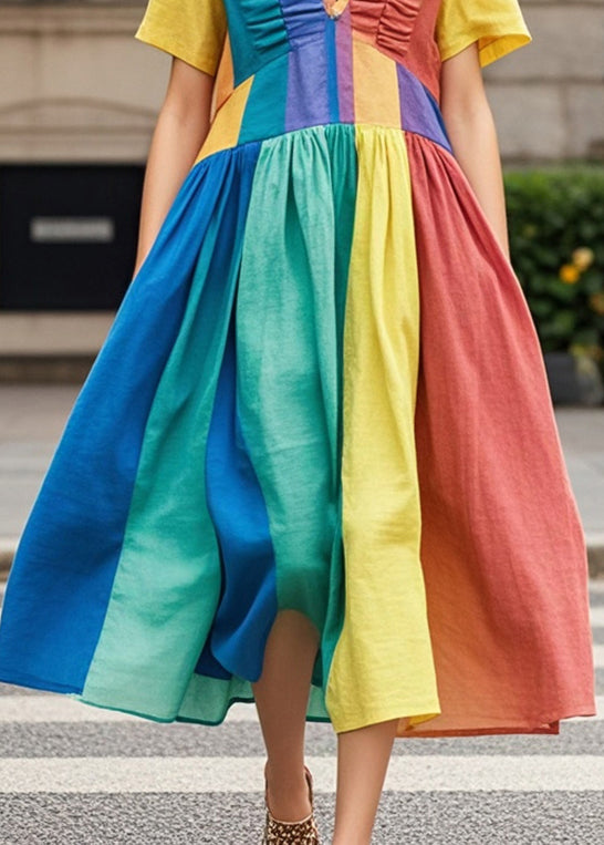 Rainbow Patchwork Cotton Dresses Wrinkled Summer