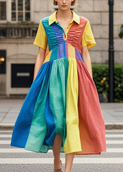 Rainbow Patchwork Cotton Dresses Wrinkled Summer