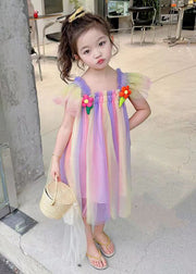 Rainbow Patchwork Girls Dress Square Collar Short Sleeve