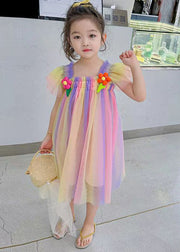 Rainbow Patchwork Girls Dress Square Collar Short Sleeve