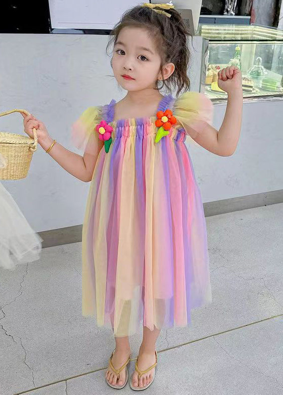 Rainbow Patchwork Girls Dress Square Collar Short Sleeve