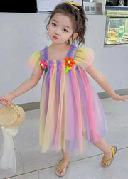 Rainbow Patchwork Girls Dress Square Collar Short Sleeve