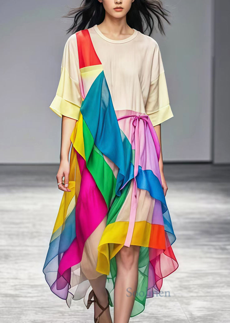 Rainbow Patchwork Tulle Long Dress Asymmetrical Summer