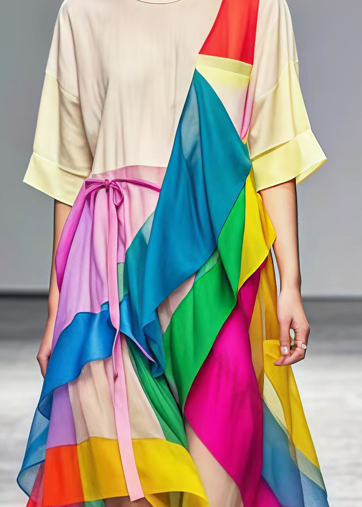 Rainbow Patchwork Tulle Long Dress Asymmetrical Summer