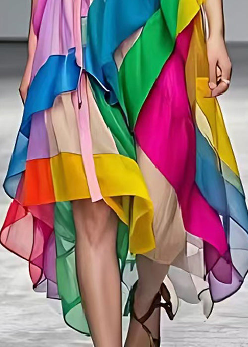 Rainbow Patchwork Tulle Long Dress Asymmetrical Summer