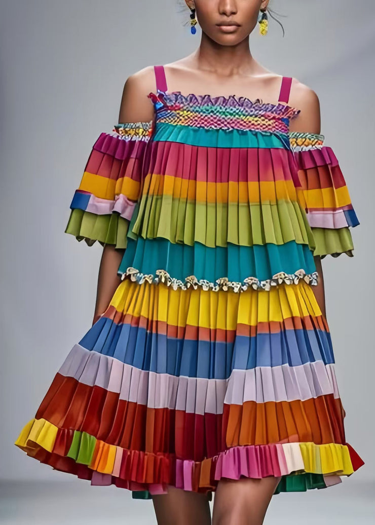 Rainbow Striped Chiffon Pleated Dresses Cold Shoulder Summer