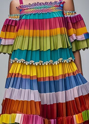 Rainbow Striped Chiffon Pleated Dresses Cold Shoulder Summer