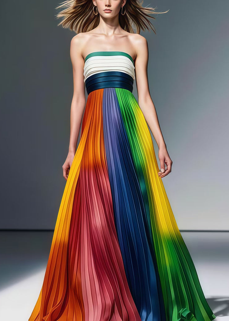 Rainbow Tie Dye Chiffon Party Strapless Dress Cold Shoulder Wrinkled Summer