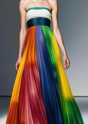 Rainbow Tie Dye Chiffon Party Strapless Dress Cold Shoulder Wrinkled Summer