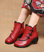 Red Ankle Boots Chunky Cowhide Leather Boutique Splicing Warm Fleece