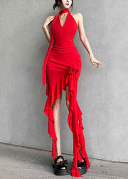 Red Asymmetrical Cotton Mid Dress V Neck Summer