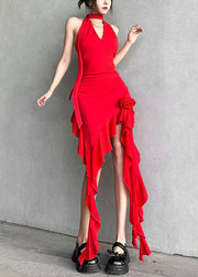Red Asymmetrical Cotton Mid Dress V Neck Summer