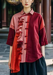 Red Asymmetrical Design Linen Shirts Ruffled Summer