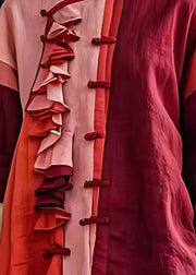 Red Asymmetrical Design Linen Shirts Ruffled Summer