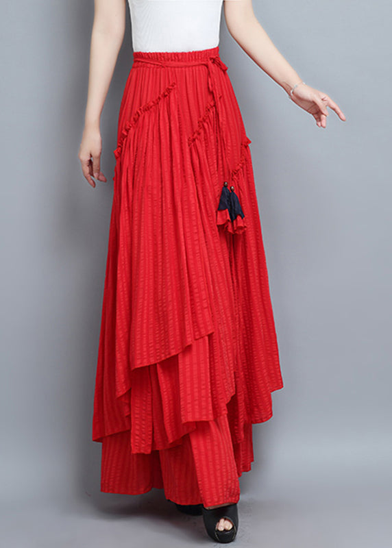 Red Asymmetrical Tie Waist Pleated Skirt Summer