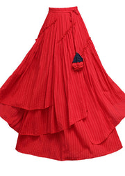 Red Asymmetrical Tie Waist Pleated Skirt Summer