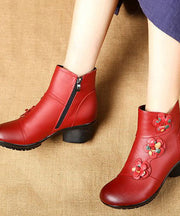 Red Boots Chunky Cowhide Leather Women Splicing Floral