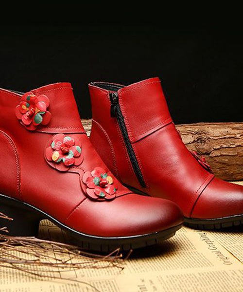 Red Boots Chunky Cowhide Leather Women Splicing Floral