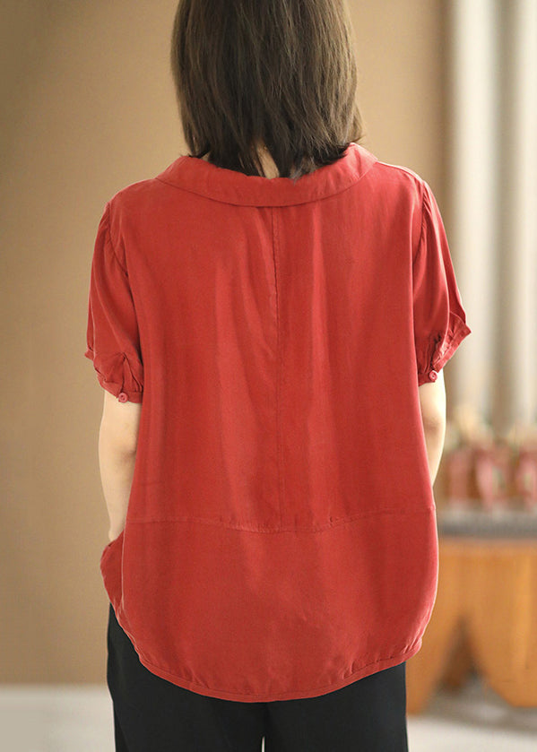 Red Button Cotton T Shirt Peter Pan Collar Short Sleeve