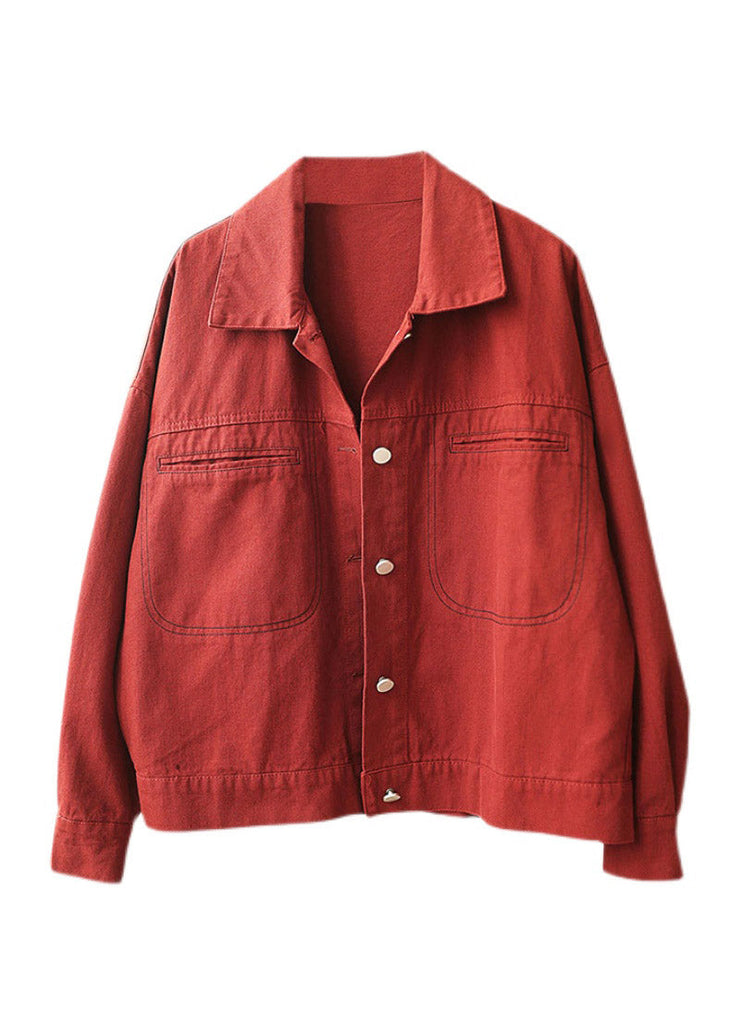 Red Button Cozy Cotton Denim Coats Long Sleeve