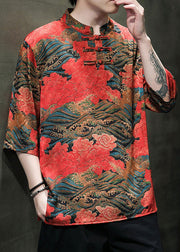 Red Button Ice Silk Mens Graphic Tees Stand Collar Half Sleeve