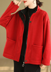 Red Button Loose Warm Fleece Coat Stand Collar Long Sleeve