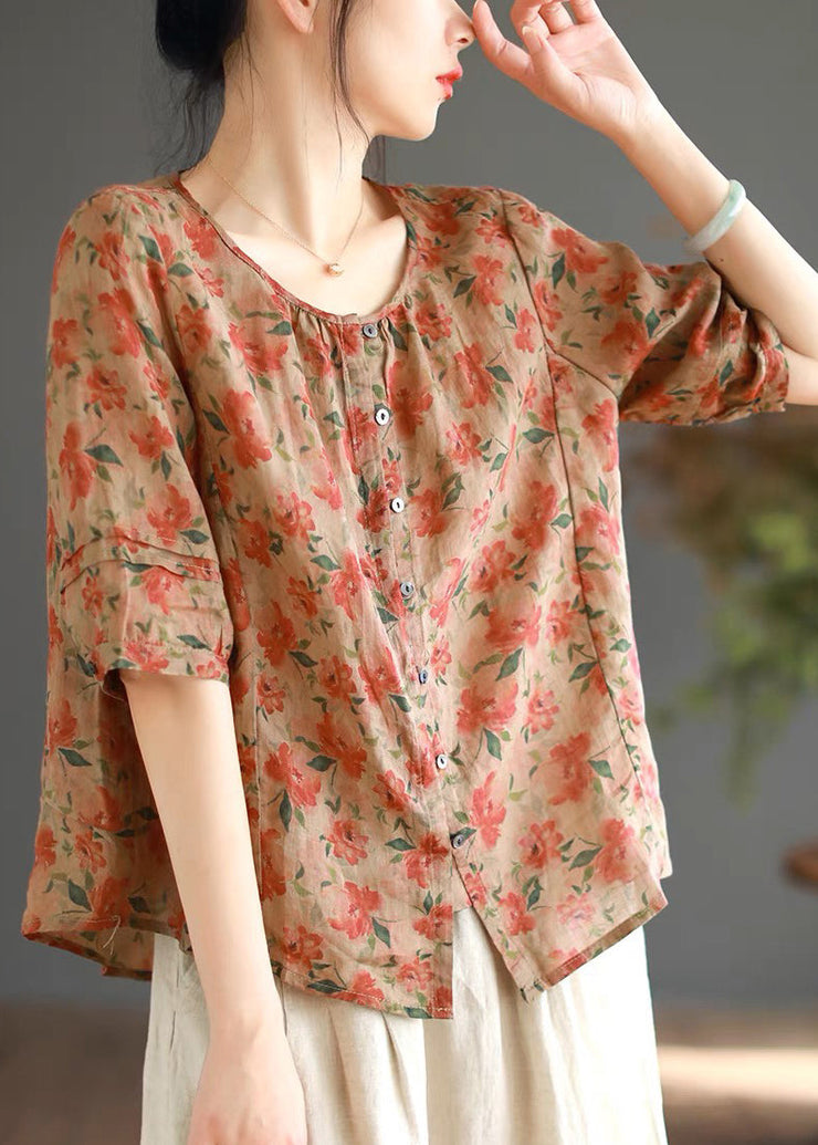 Red Button Patchwork Linen Shirt Top O Neck Summer