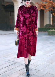 Red Button Patchwork Silk Velvet Long Dress Stand Collar Winter