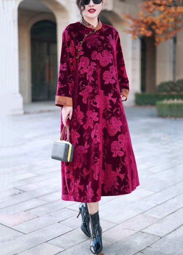 Red Button Patchwork Silk Velvet Long Dress Stand Collar Winter