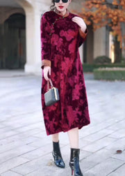 Red Button Patchwork Silk Velvet Long Dress Stand Collar Winter