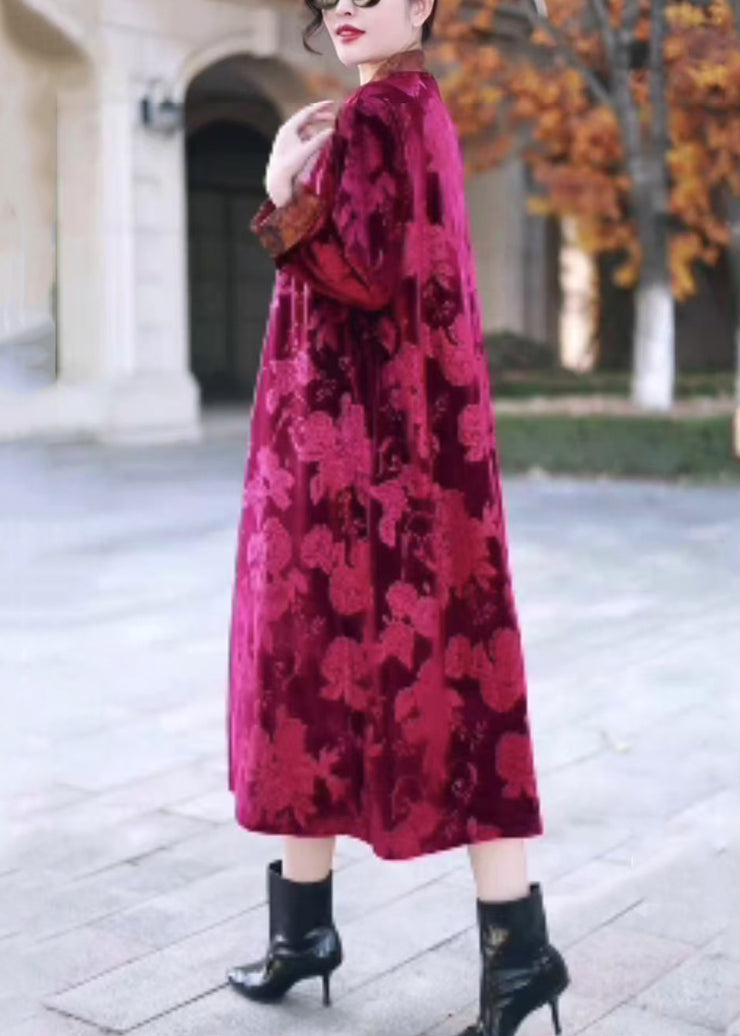 Red Button Patchwork Silk Velvet Long Dress Stand Collar Winter