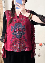 Red Button Patchwork Silk Waistcoat Embroidered Sleeveless