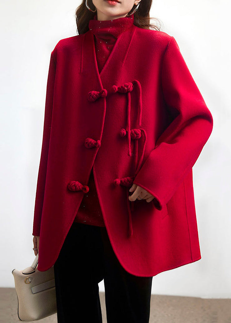 Red Button Patchwork Wool Coat V Neck Long Sleeve