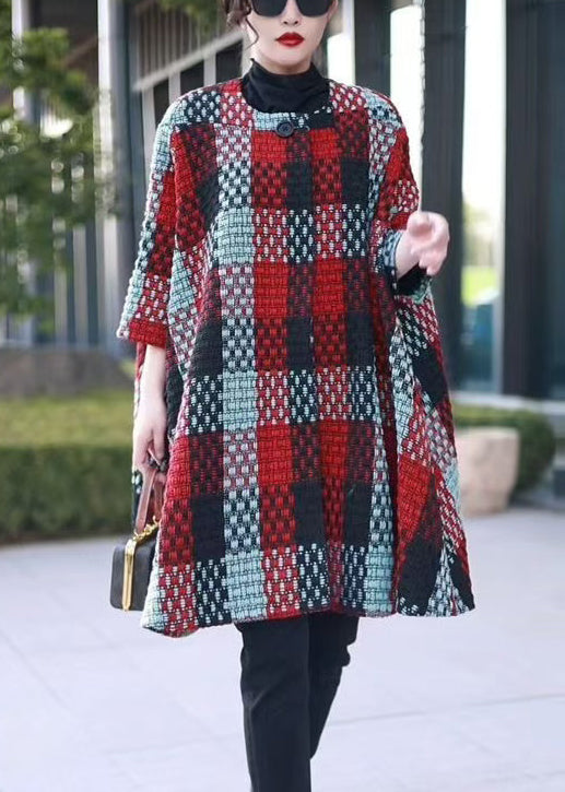 Red Button Patchwork Woolen Coat O Neck Bracelet Sleeve