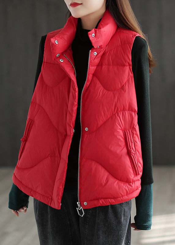 Red Button Pockets Patchwork Duck Down Puffer Waistcoat Zip Up Winter