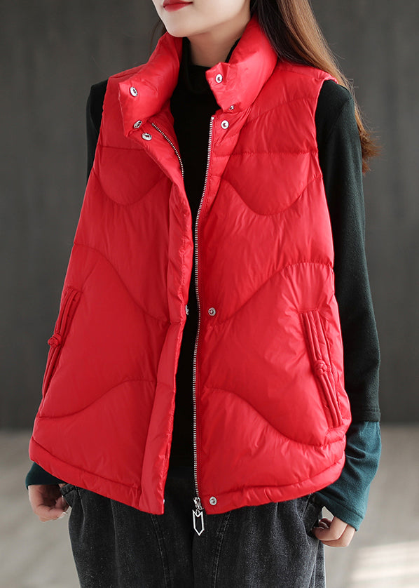 Red Button Pockets Patchwork Duck Down Puffer Waistcoat Zip Up Winter