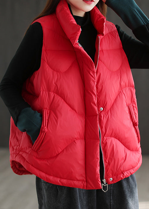 Red Button Pockets Patchwork Duck Down Puffer Waistcoat Zip Up Winter