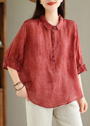 Red Button Print Linen Blouses Peter Pan Collar Summer