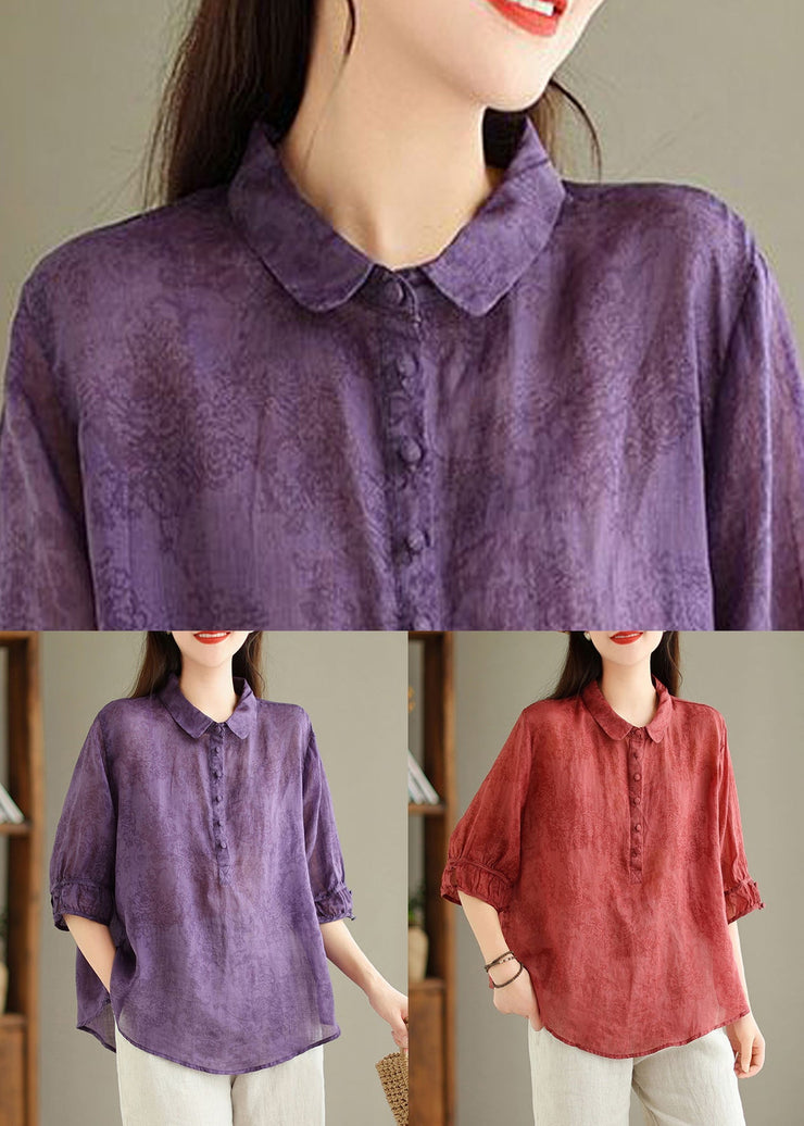 Purple Flowers Button Print Linen Blouses Peter Pan Collar Summer