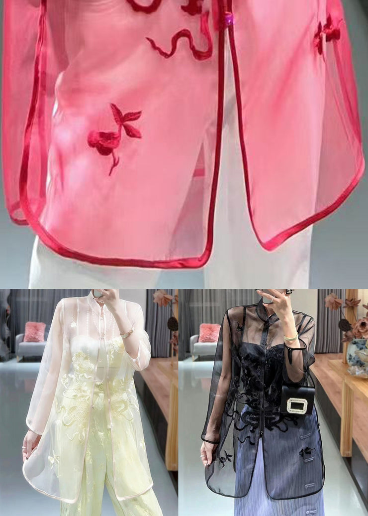 Red Button Thin Tulle Blouses Stand Collar Summer
