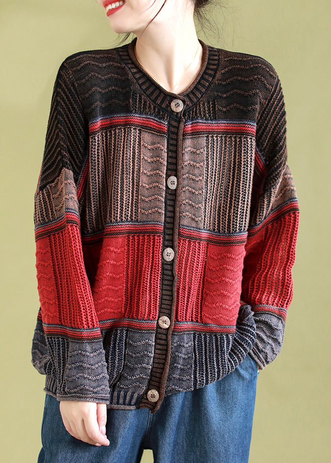 Red Casual Patchwork Knit Cardigan O Neck Button Spring