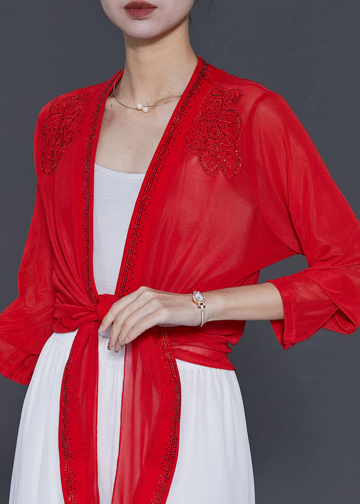 Red Chiffon Cardigans Embroidered Zircon Summer