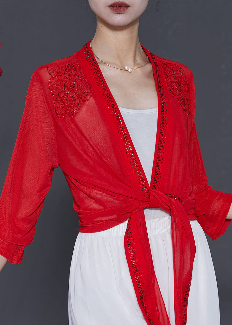 Red Chiffon Cardigans Embroidered Zircon Summer