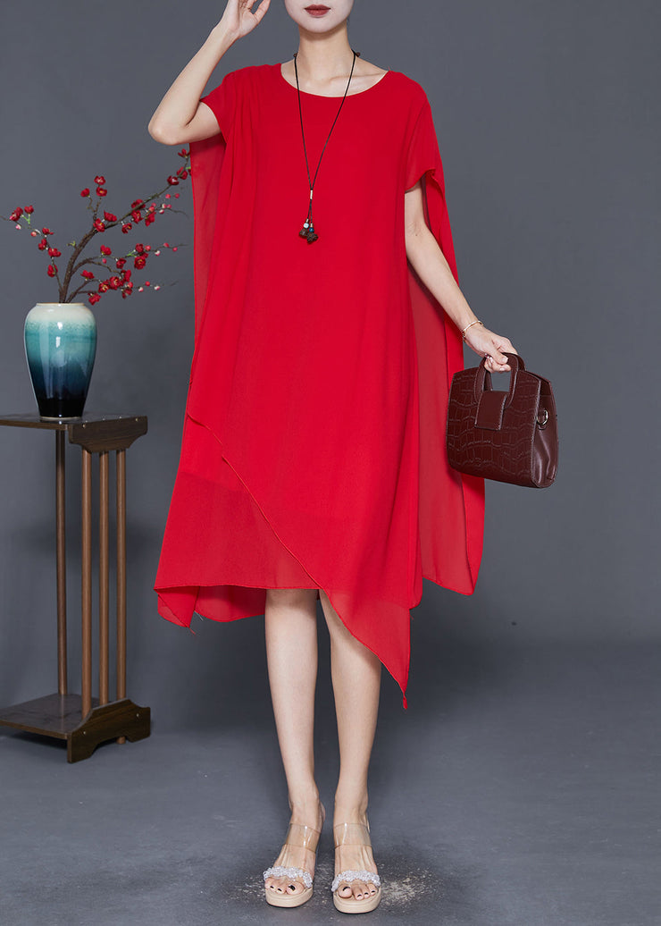 Red Chiffon Long Dress Asymmetrical Draping Cloak Sleeves