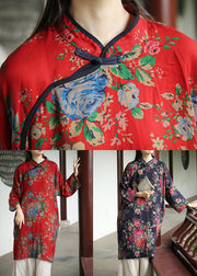 Red Chinese Button Patchwork Cotton Dresses Stand Collar Fall